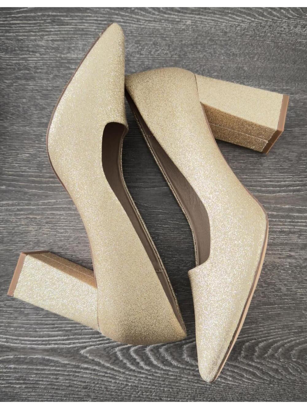 IDIFU Gold Shiny Pointed Toe Block Heel Pumps Women Size 9 - Picture 2 of 4
